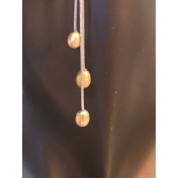 Gold Pearl Drop Silver Snake Chain Dangle Earrings - Picture 6 of 6